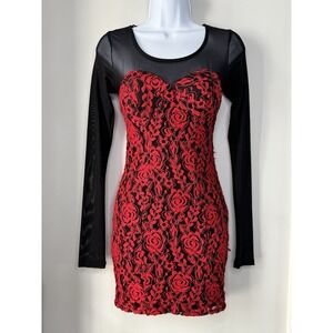 Y2K Material Girl‎ Mesh Lace Mini Dress S Red Rose Goth Grunge Rock Sheer Party